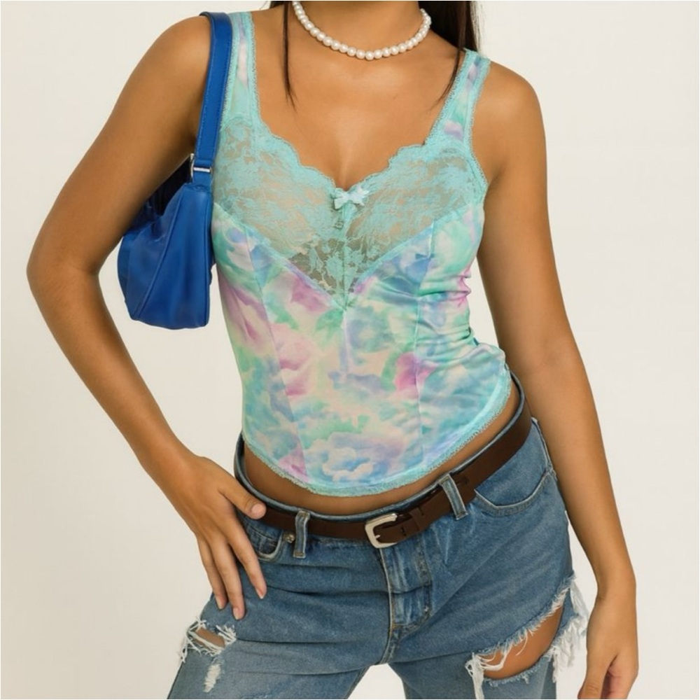 Vtg‎ Ashley Taylor Cami Top Womens Small Blue Satin Lace Coquette Lingerie USA